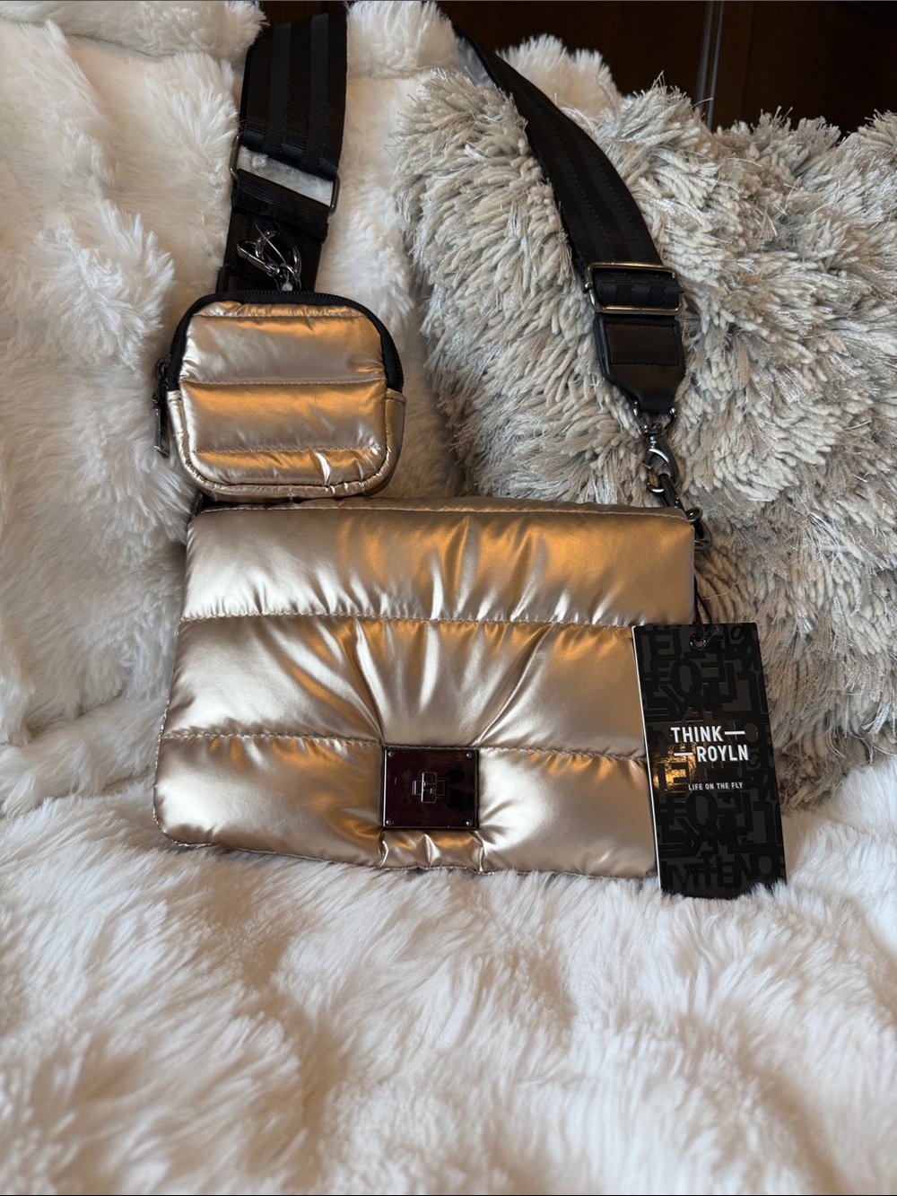 NWT THINK ROYLN Metallic Gold Quilted Puffer Crossbody with Mini Pouch